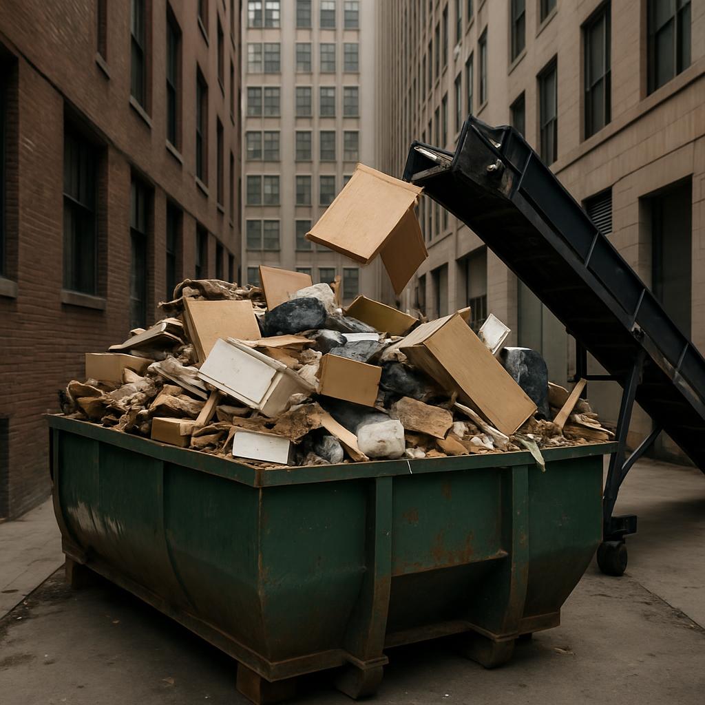 Large green dumpster piled high with rubble and random objects, set against a backdrop of multi-story buildings.
